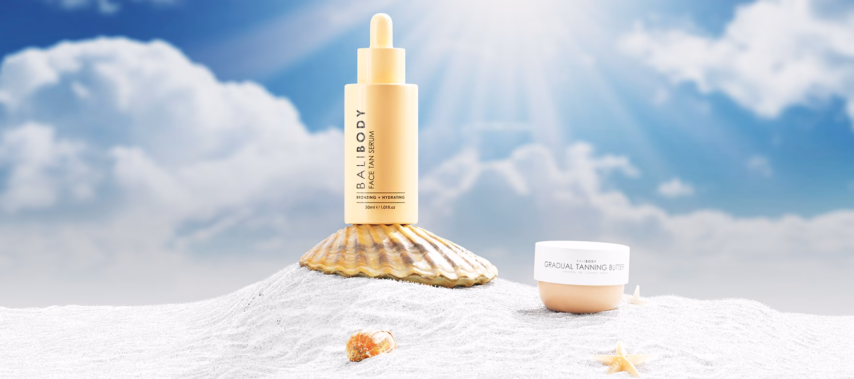 Product CGI visualization of skincare products in a beach setting