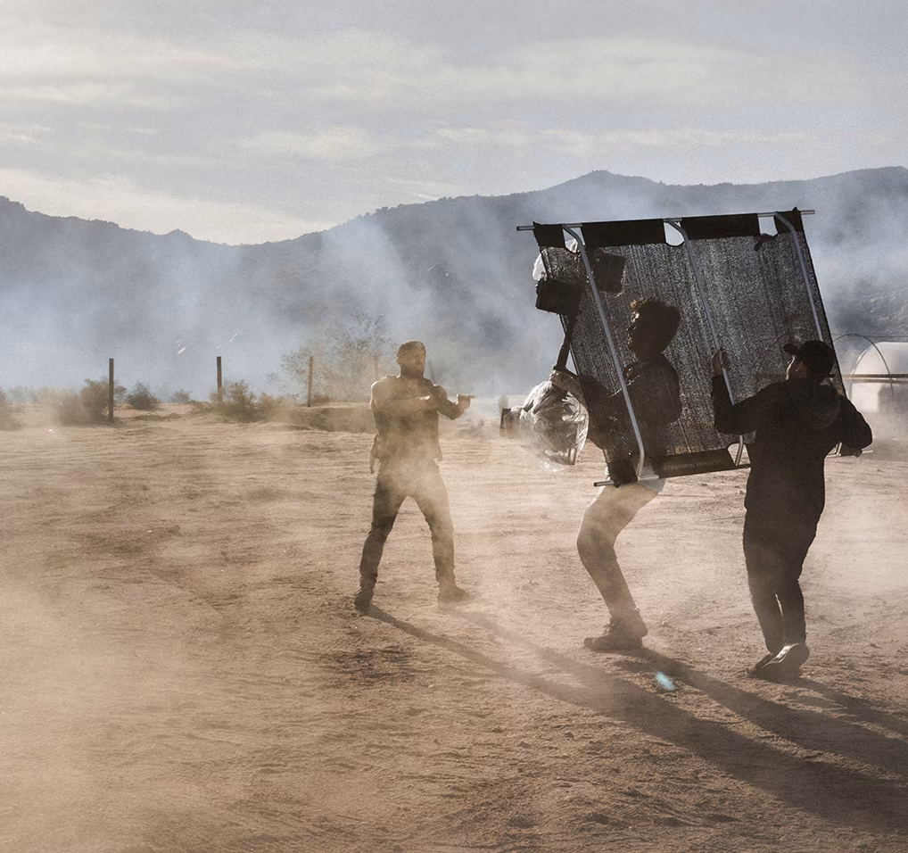 VFX production crew filming an outdoor cinematic environment
