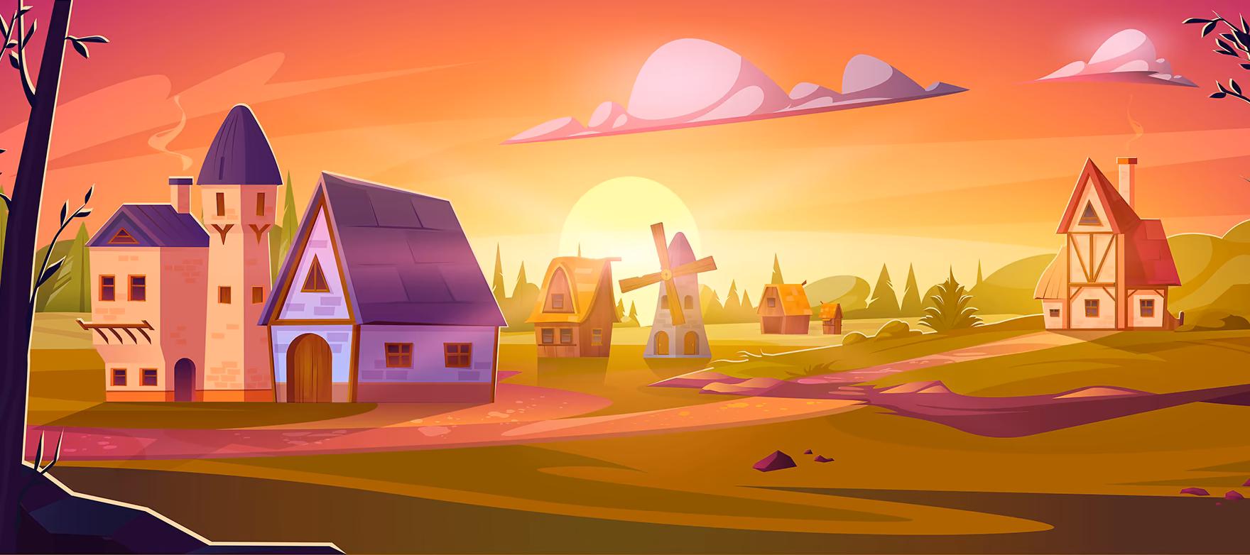 2D episodic animation scene featuring a colorful fantasy village at sunset