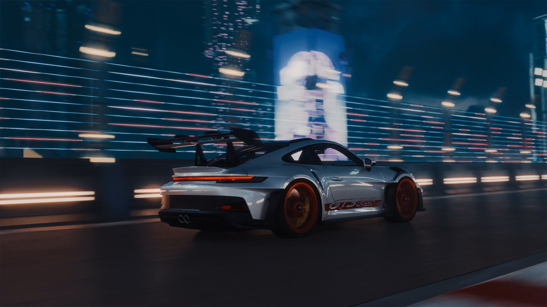Porsche 911 GT3 RS driving through a futuristic city at night in CGI scene