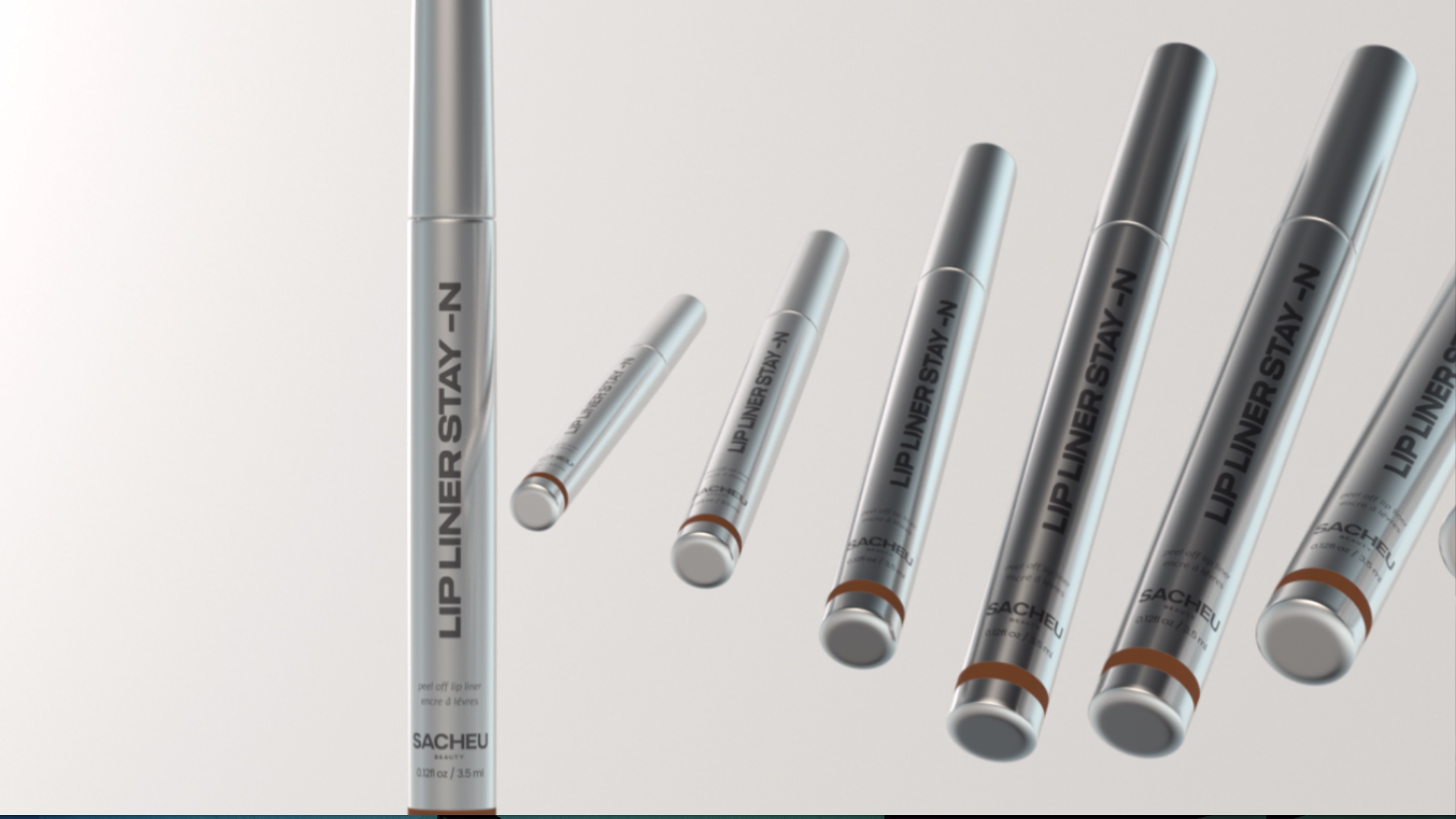 Sacheu lip liner products showcased in a photorealistic product CGI scene
