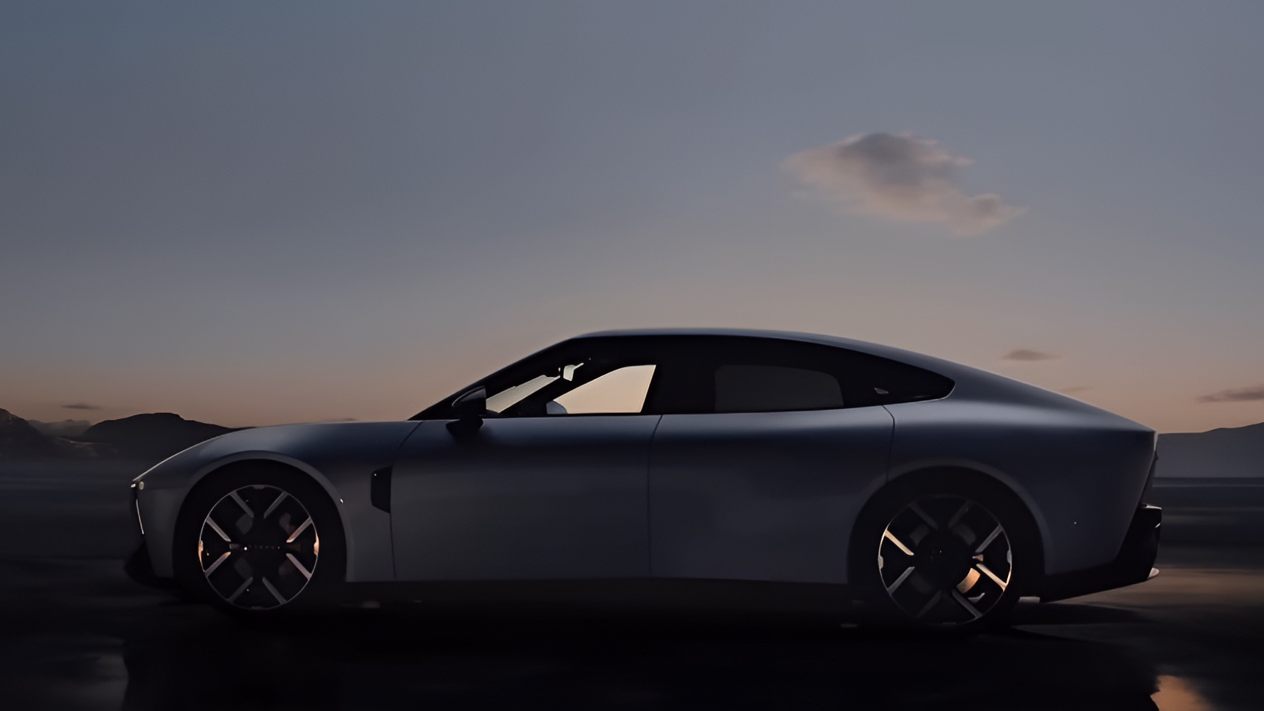 XPeng electric car CGI rendering at sunset